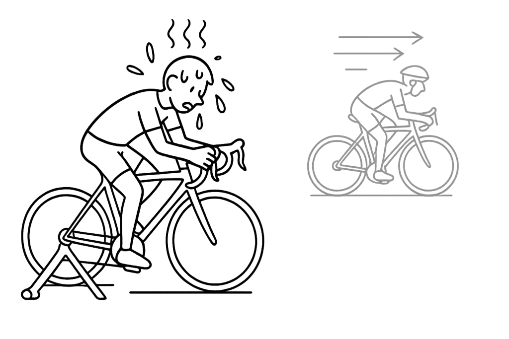 Indoor cycling sweat rate illustration showing heat buildup for better nutrition planning in home workouts.
