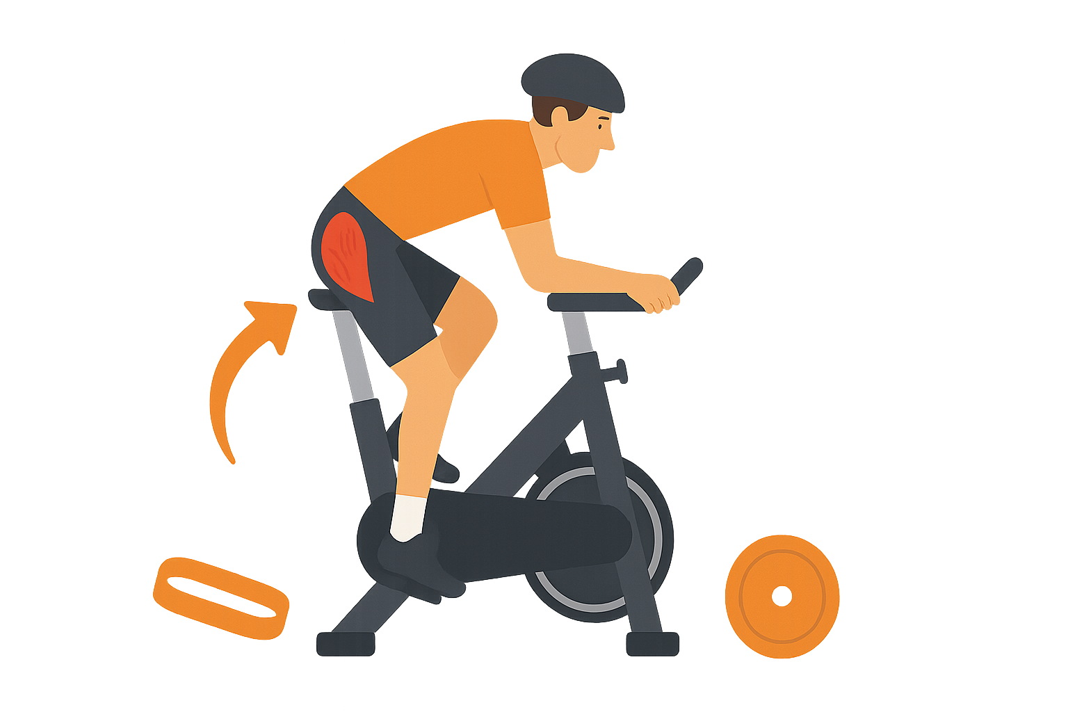 Simple illustration of a cyclist with a highlighted glute area, showcasing glute activation exercises for cycling power, with resistance band and weight plate icons, transparent background, optimized for WordPress blog.
