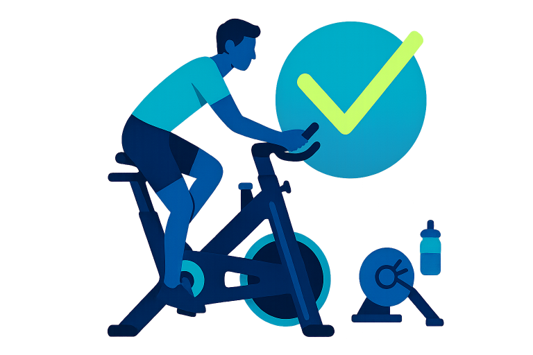 Vibrant illustration of a rider on an indoor cycling bike with a glowing checkmark, emphasizing success in avoiding common mistakes indoor cycling beginners make.