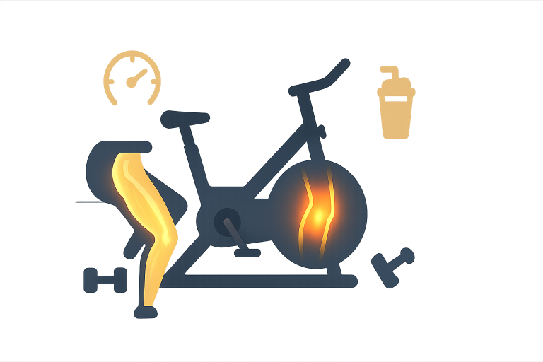 Compelling illustrative featured image for indoor cycling for thigh toning, showcasing a stylized bike with highlighted toned legs and icons for training, strength, and nutrition to inspire effective lower body workouts.
