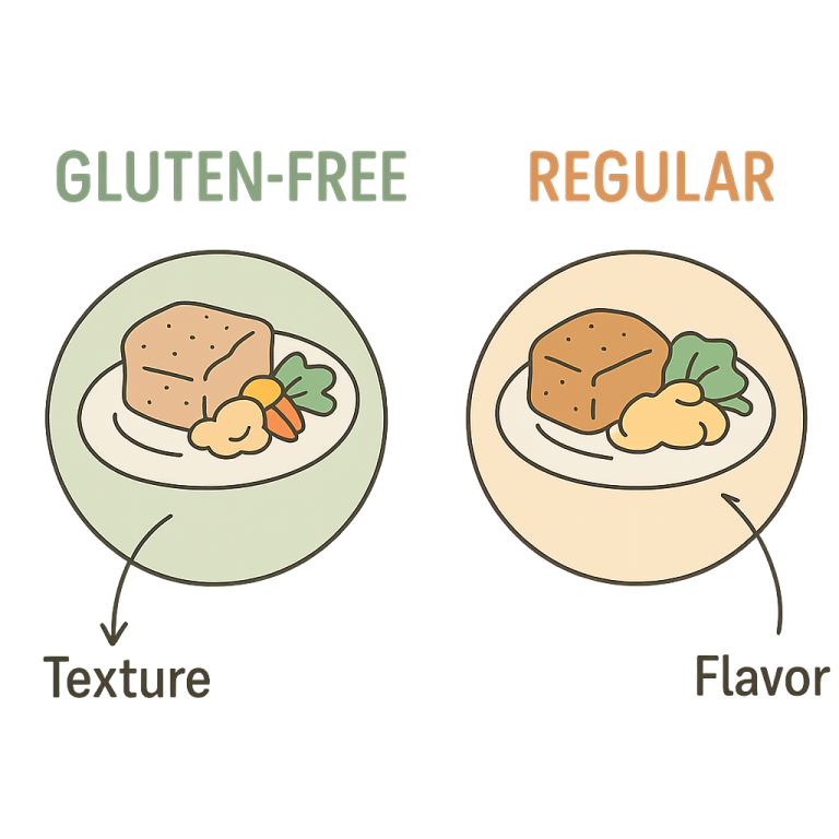 "Illustration comparing gluten-free and regular food on two plates, highlighting differences in texture and flavor with labeled arrows.