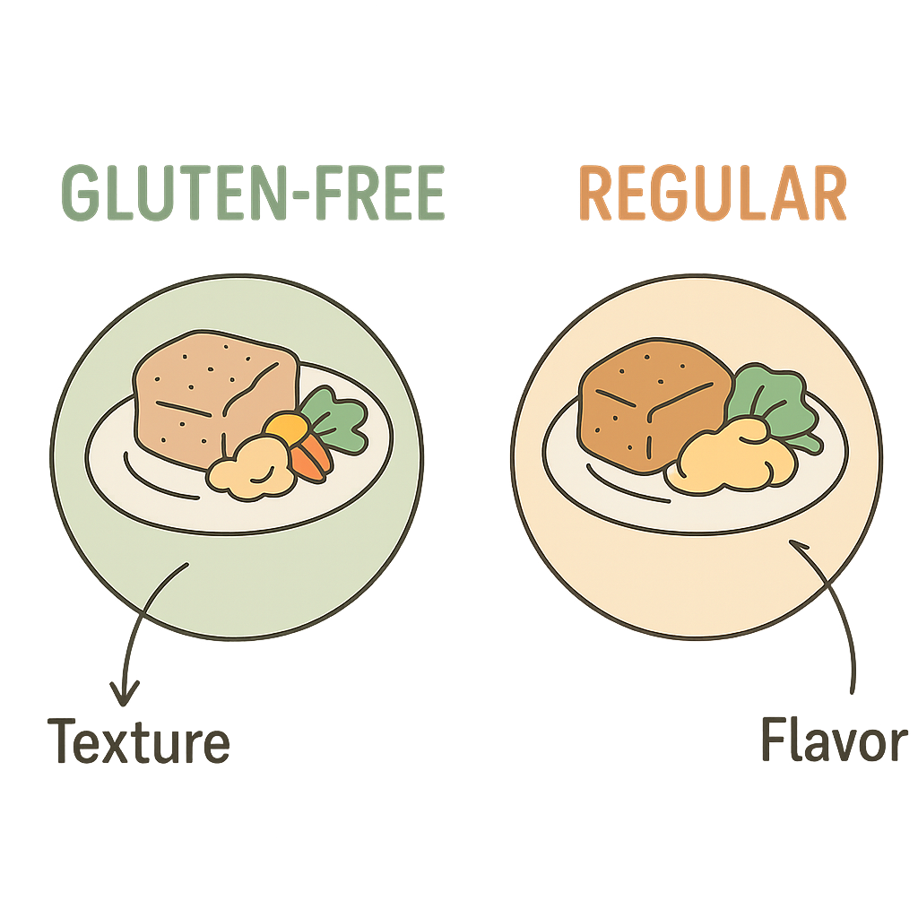 "Illustration comparing gluten-free and regular food on two plates, highlighting differences in texture and flavor with labeled arrows.