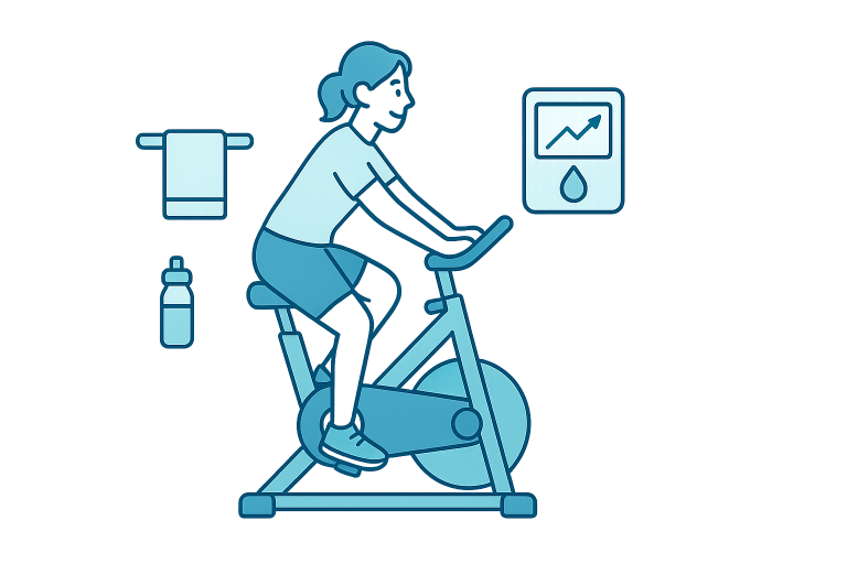 Illustration of a woman cycling on a stationary bike at home with a water bottle, towel, and glucose monitor icon, symbolizing how indoor cycling supports lowering blood sugar.