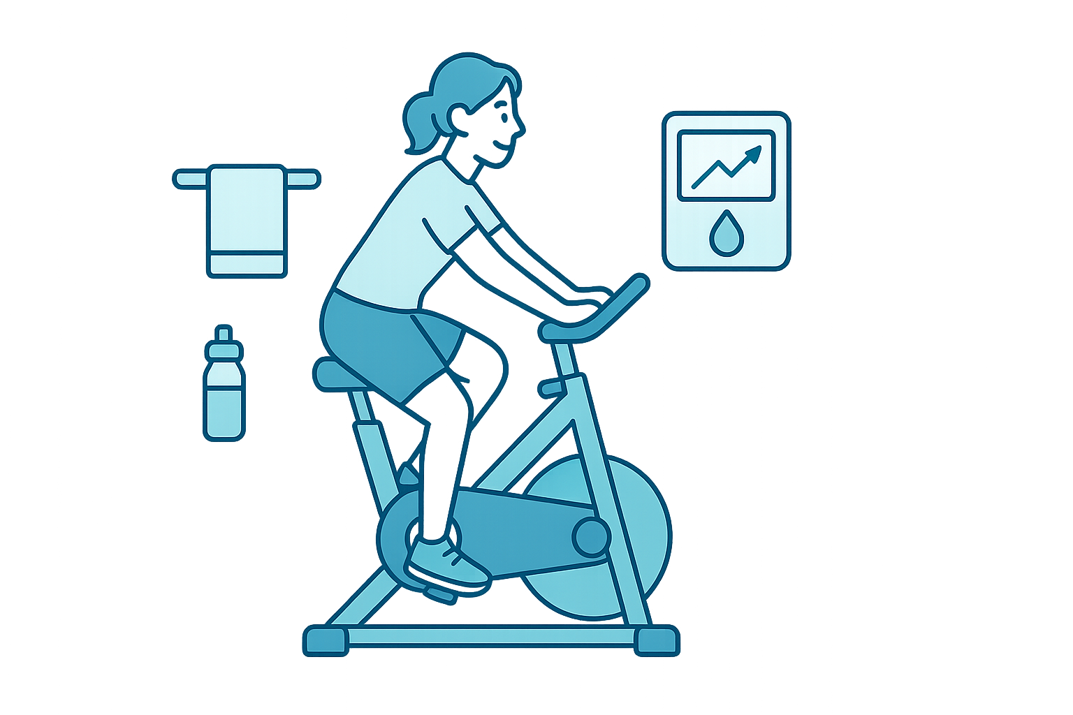 Illustration of a woman cycling on a stationary bike at home with a water bottle, towel, and glucose monitor icon, symbolizing how indoor cycling supports lowering blood sugar.