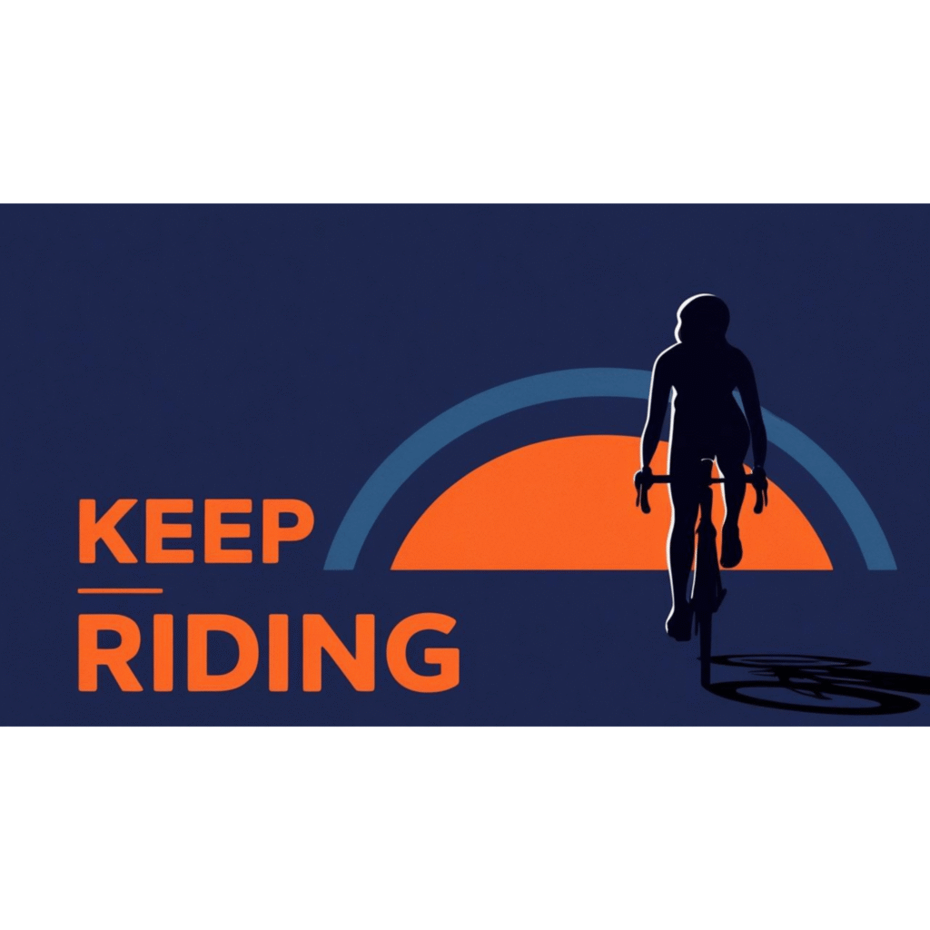 Cyclist silhouette riding toward sunrise, motivational indoor cycling graphic