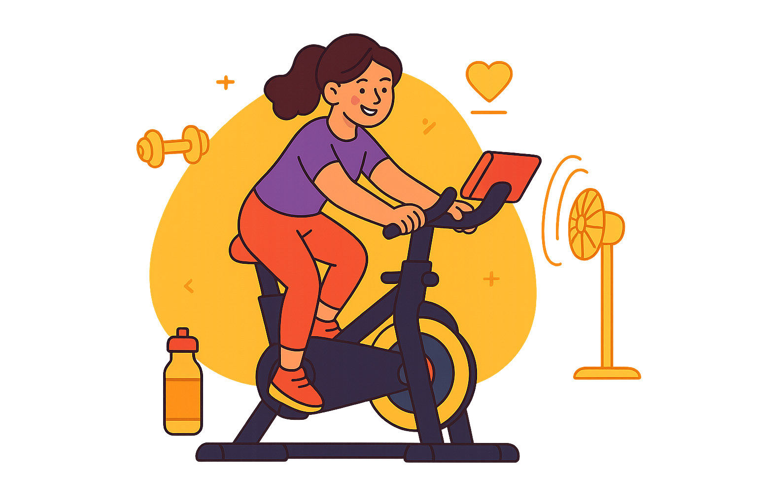 Beginner cyclist starting indoor cycling workout at home with determination, surrounded by water bottle and fan – how to start indoor cycling guide.