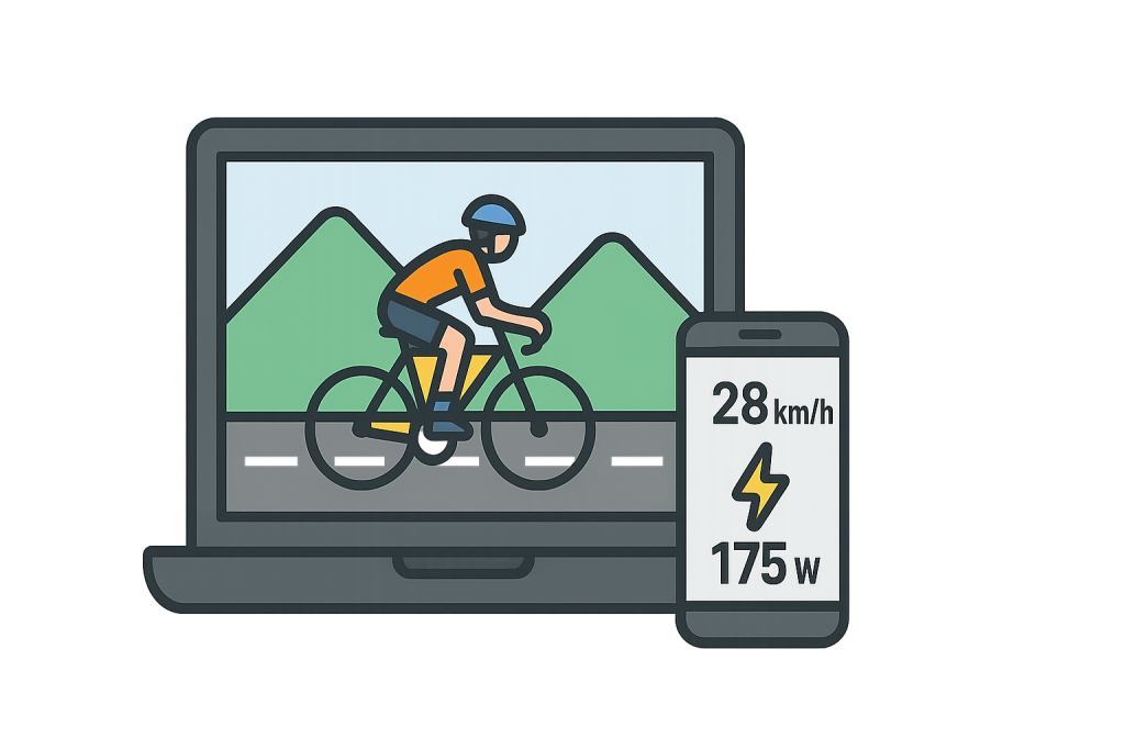 Flat illustration of a virtual cycling platform for tracking indoor cycling process, showing a cyclist avatar and ride data on a smartphone, transparent background.