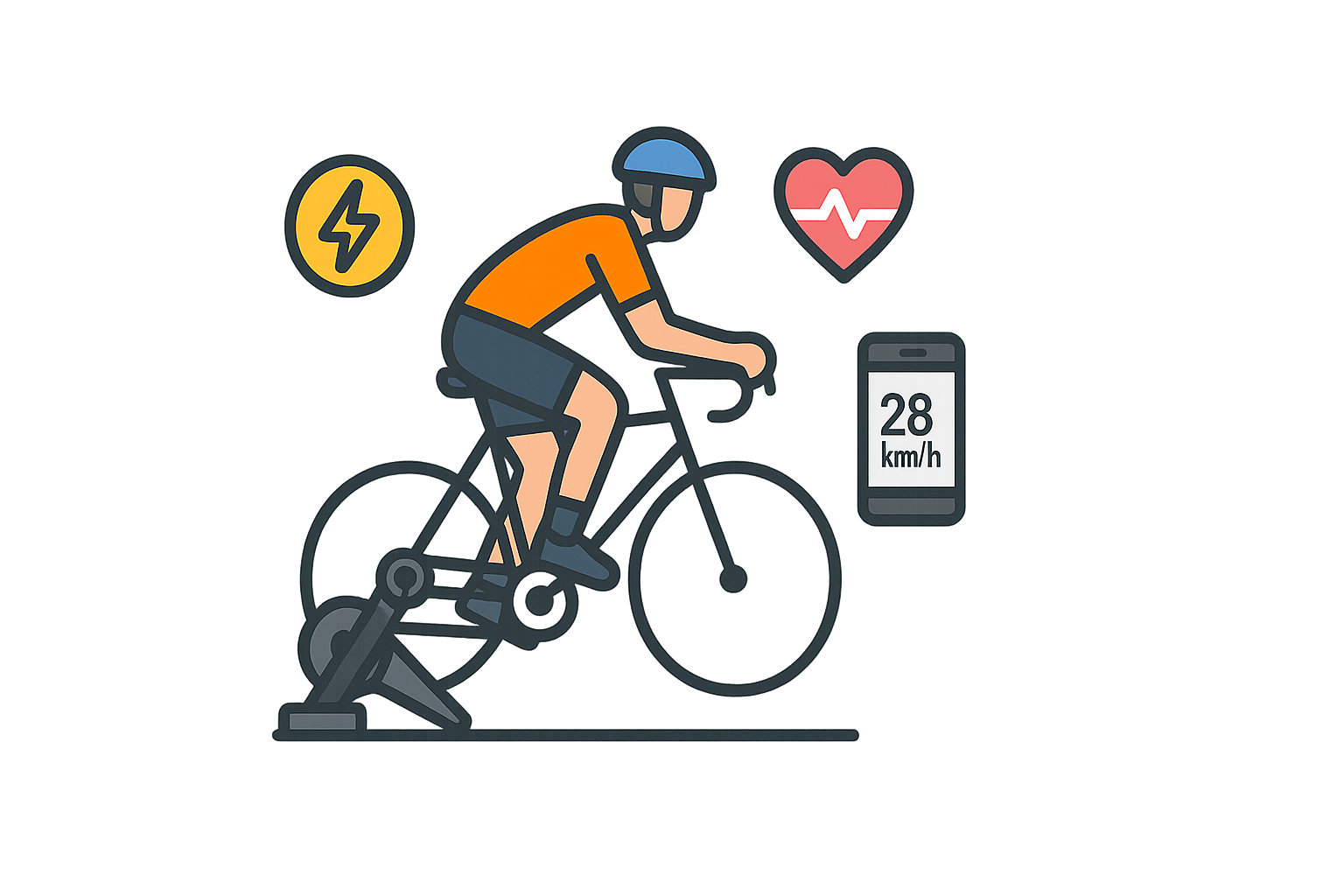 Simple flat illustration of an indoor cyclist with a smart trainer, featuring power meter, heart rate monitor, and smartphone icons for tracking indoor cycling process, transparent background.
