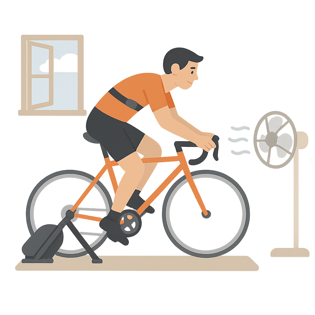 Simple indoor cycling setup with smart trainer, fan, and heart-rate monitor, designed to overcome lack of motivation indoor cycling.