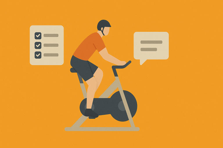 Flat illustration of a cyclist on a stationary bike with goal checklist and community speech bubble, addressing lack of motivation indoor cycling.