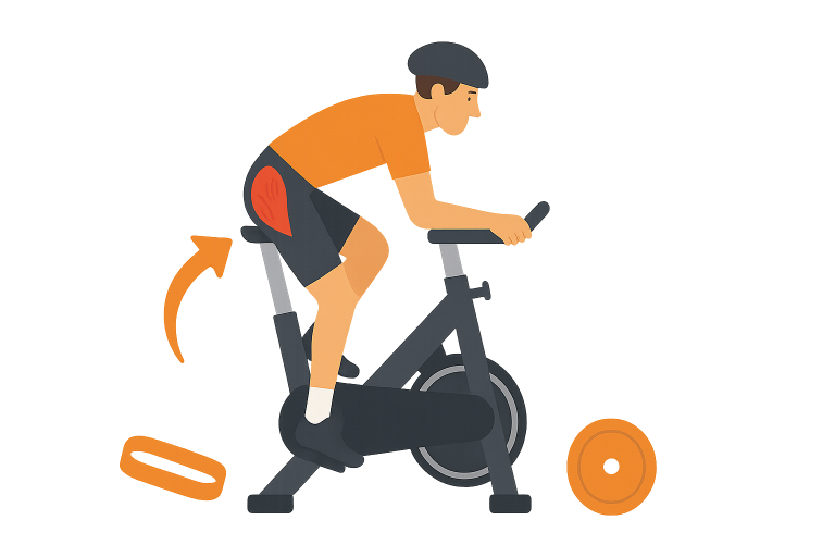Simple illustration of a cyclist with a highlighted glute area, showcasing glute activation exercises for cycling power, with resistance band and weight plate icons, transparent background, optimized for WordPress blog.