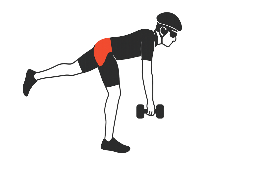 This is an illustration of a cyclist performing a single-leg deadlift, highlighting glute activation exercises for cycling power and emphasizing gluteus maximus. It has a transparent background and is WordPress-optimized.