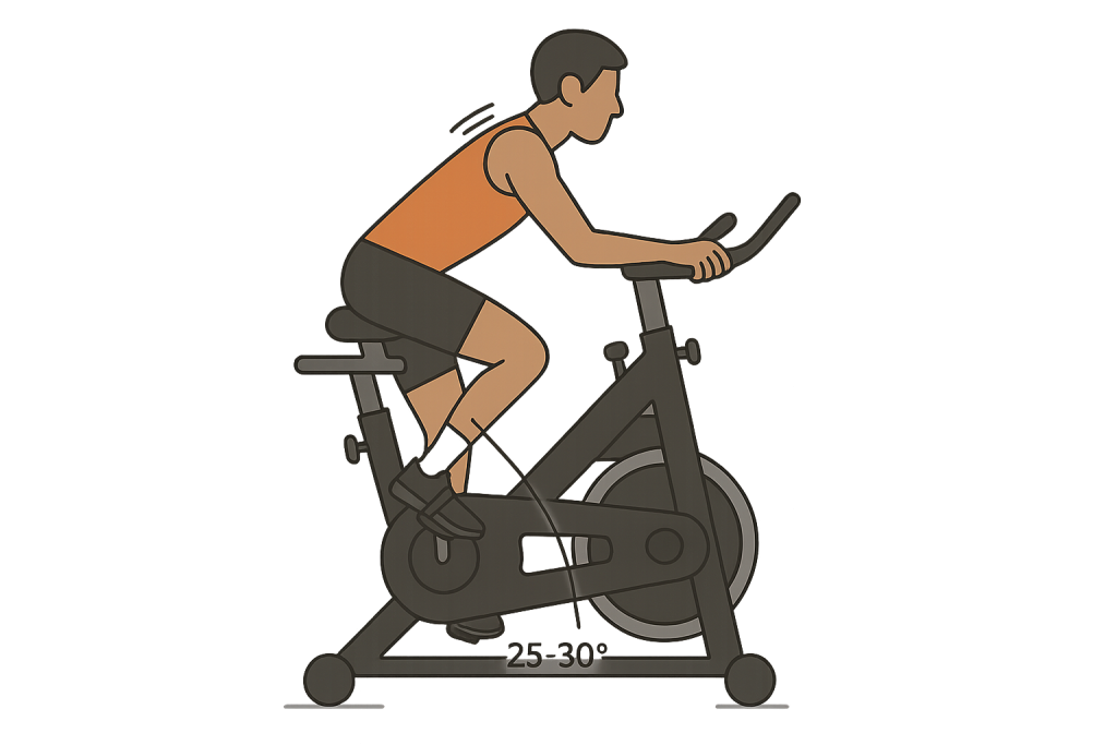 Illustration of correct saddle height to avoid common mistakes indoor cycling beginners make, showing knee bend at 25-30 degrees during pedal stroke.