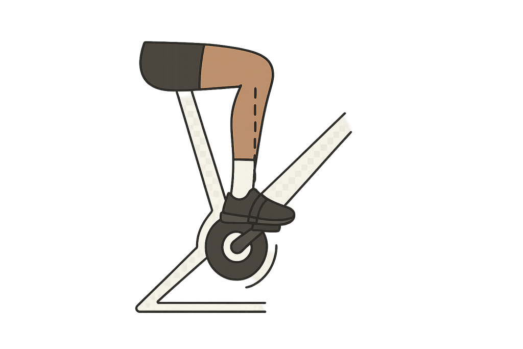 Illustration of K.O.P.S. rule for saddle fore/aft position, preventing common mistakes indoor cycling beginners make with knee alignment over pedal.