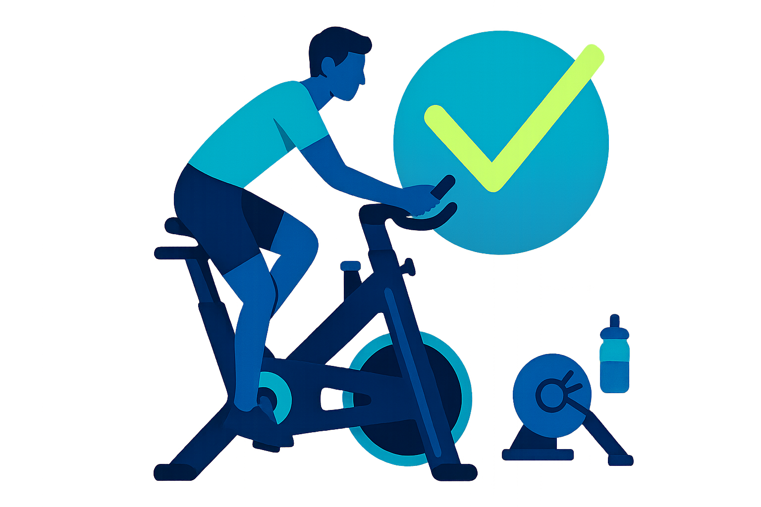 Vibrant illustration of a rider on an indoor cycling bike with a glowing checkmark, emphasizing success in avoiding common mistakes indoor cycling beginners make.