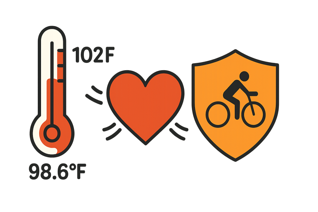 Illustration of Warm-Up Exercises for Indoor Cycling benefits: thermometer, heart, and shield for core temperature, circulation, and injury risk reduction.