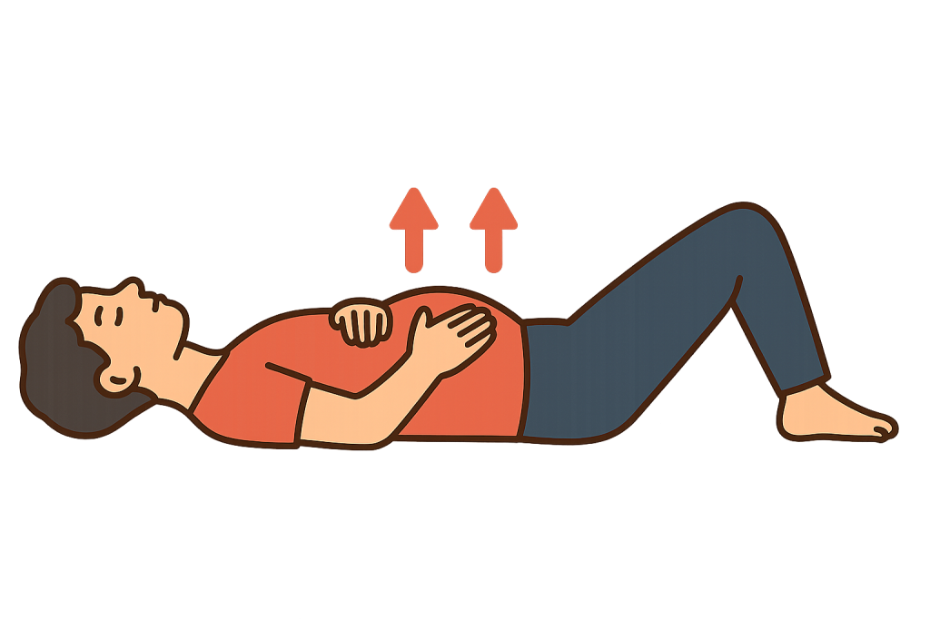 Person demonstrating diaphragmatic breathing tips for indoor cycling for beginners with hands on the chest and belly.