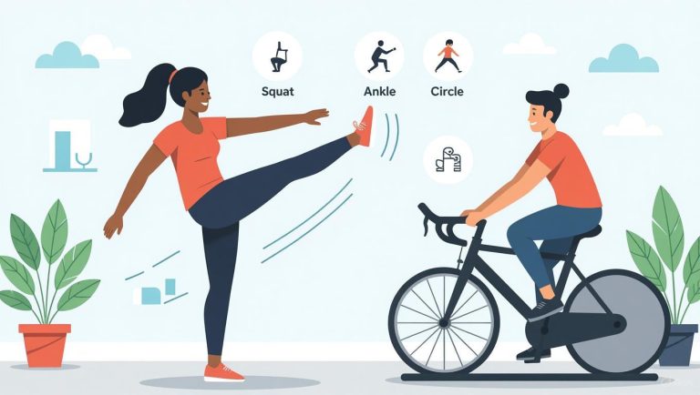 Illustration of Warm-Up Exercises for Indoor Cycling: a leg swing, cyclist spinning, with squat and ankle circle icons for performance and injury prevention.