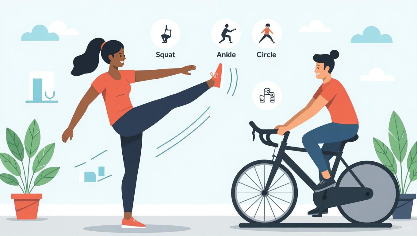 Illustration of Warm-Up Exercises for Indoor Cycling: a leg swing, cyclist spinning, with squat and ankle circle icons for performance and injury prevention.