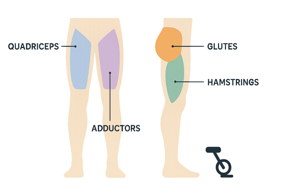 Simplified flat diagram of leg muscles for indoor cycling for thigh toning, showing quadriceps, hamstrings, glutes, and adductors with color highlights and cycling pedal icon