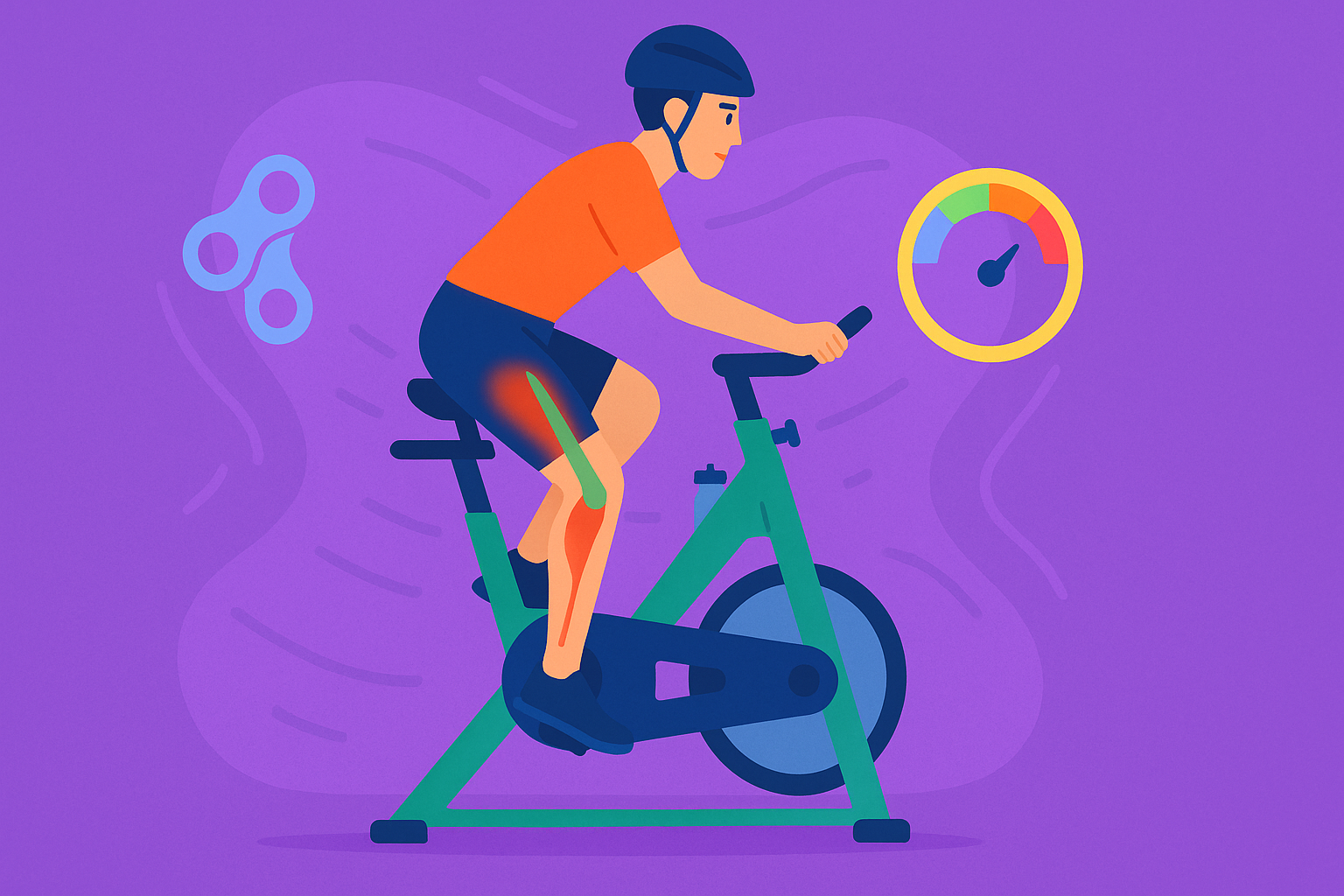 Illustration of hip flexor strength for cyclists in action, featuring a pedaling figure with muscle highlights and cycling icons for enhanced power and reduced back pain.